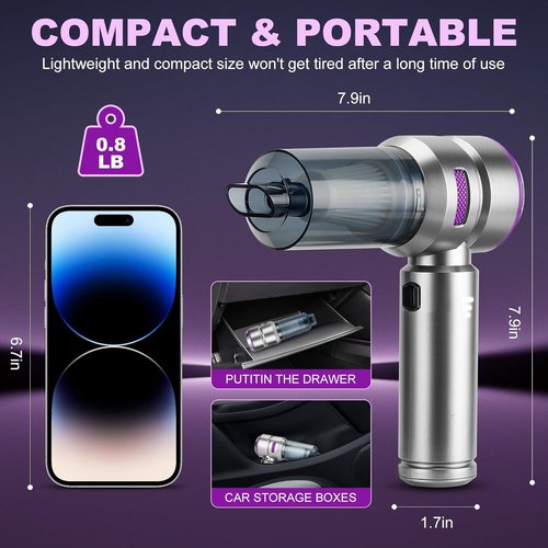 Handheld Car Vacuum - 18000PA High Power Cordless Mini Vacuum with 4-in-1 Functionality | Silver Grey & Purple