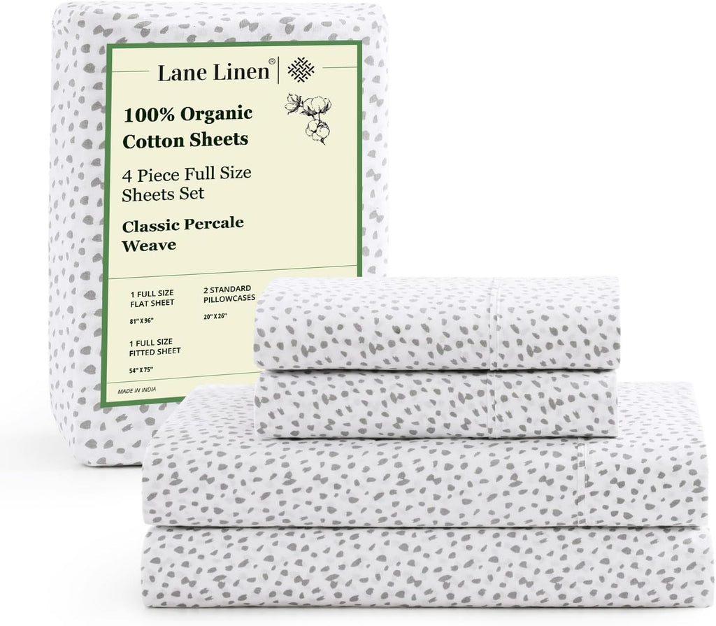 Skiennix 100% Organic Cotton Full Sheet Set - Ultra Soft, Breathable, GOTS Certified, White with Grey Dots, Fits Mattresses Up to 15 Inches Deep