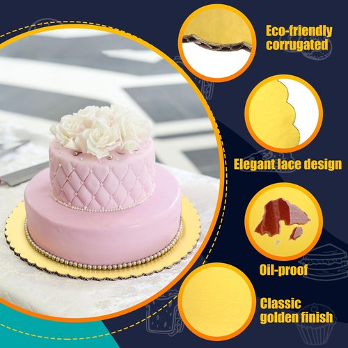 Nuenen 100 Packs Gold Cake Boards Round 10 Inch Cakeboard Circle Scallop Edge Cardboard Base Boards Disposable Cake Plate Grease Proof and Oil Proof Suitable for Wedding Birthday Decorating