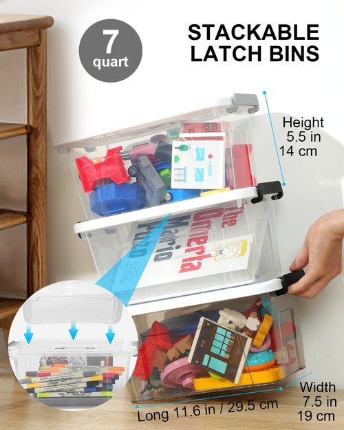 EOENVIVS Plastic Storage Bins - 6 Pack Stackable Organizer with Lids & Handles | 7 Quart Clear Boxes for Home & Office