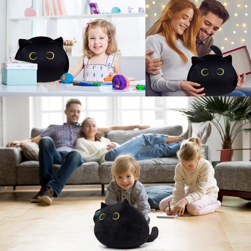 AUTOKAKUM Black Cat Plush Pillow Soft Plushies Toy Cute Cat Stuffed Animal Toys 3D Cat Plushies Pillow for Home Decoration Cats Plush Doll Gift for Boys Girls (9inches Cat)
