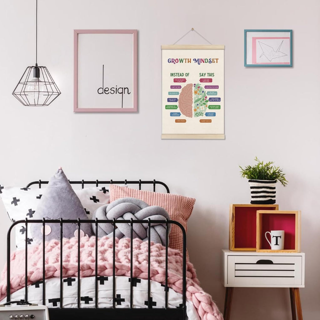 Skiennix Motivational Wall Decor - Growth Mindset Poster with Hanger Frame | 16x12 Inch Educational Art