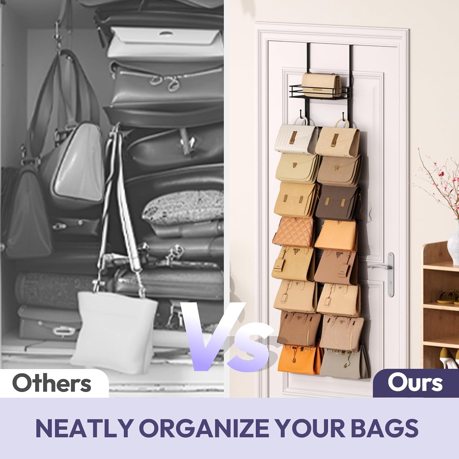 SWTYMIKI Over The Door Purse Organizer - Wall Mounted Handbag Storage Rack with 16 Hooks & Metal Basket