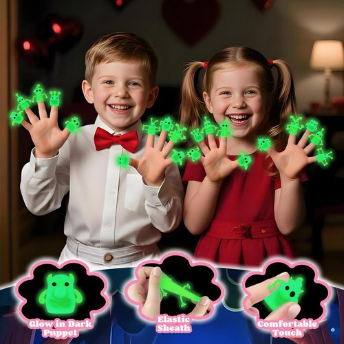 36 Packs Valentines Day Cards for Kids with Glow in The Dark Monster Finger Puppets, Valentines Day Gifts for Kids, Valentines Cards for School Classroom Exchange, Valentines Party Favors Prizes