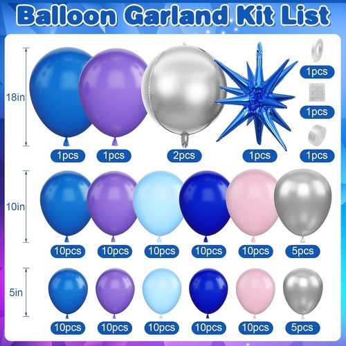 Blue Purple Silver Balloon Arch Garland Kit - Star Foil & 4D Round Balloons for Baby Shower & Birthday Party