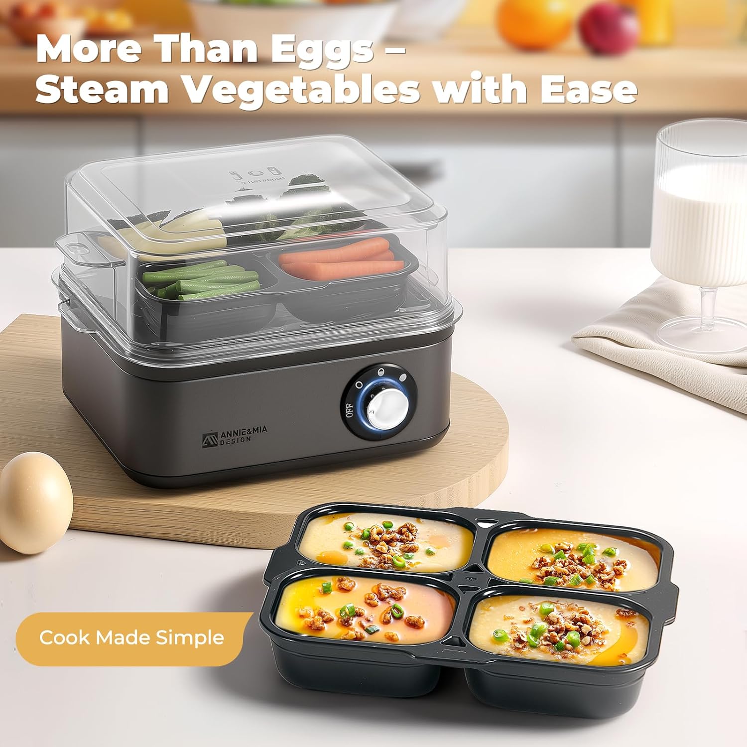 Annie & Mia Design Electric Egg Cooker - 8 Egg Capacity, 500W Rapid Boiling, Auto Shut-Off | Black