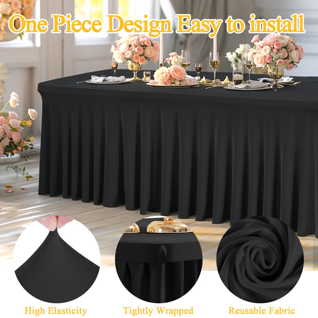Shillance 6 Packs Black Spandex Table Covers 6 Foot, Fitted Stretch Table Cloth with Skirts 72x30 Inch, Wrinkle-Free Floor Length Rectangle Tablecloths for Trade Show Weddings Parties Banquets Events