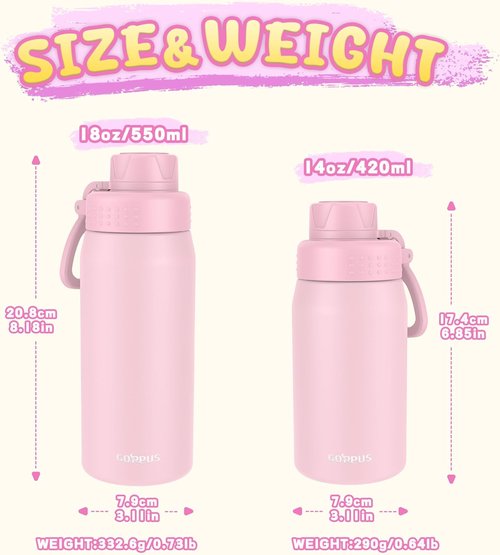 GOPPUS Kids Water Bottle - 15oz Stainless Steel Insulated, Leakproof & BPA Free - Pink for School