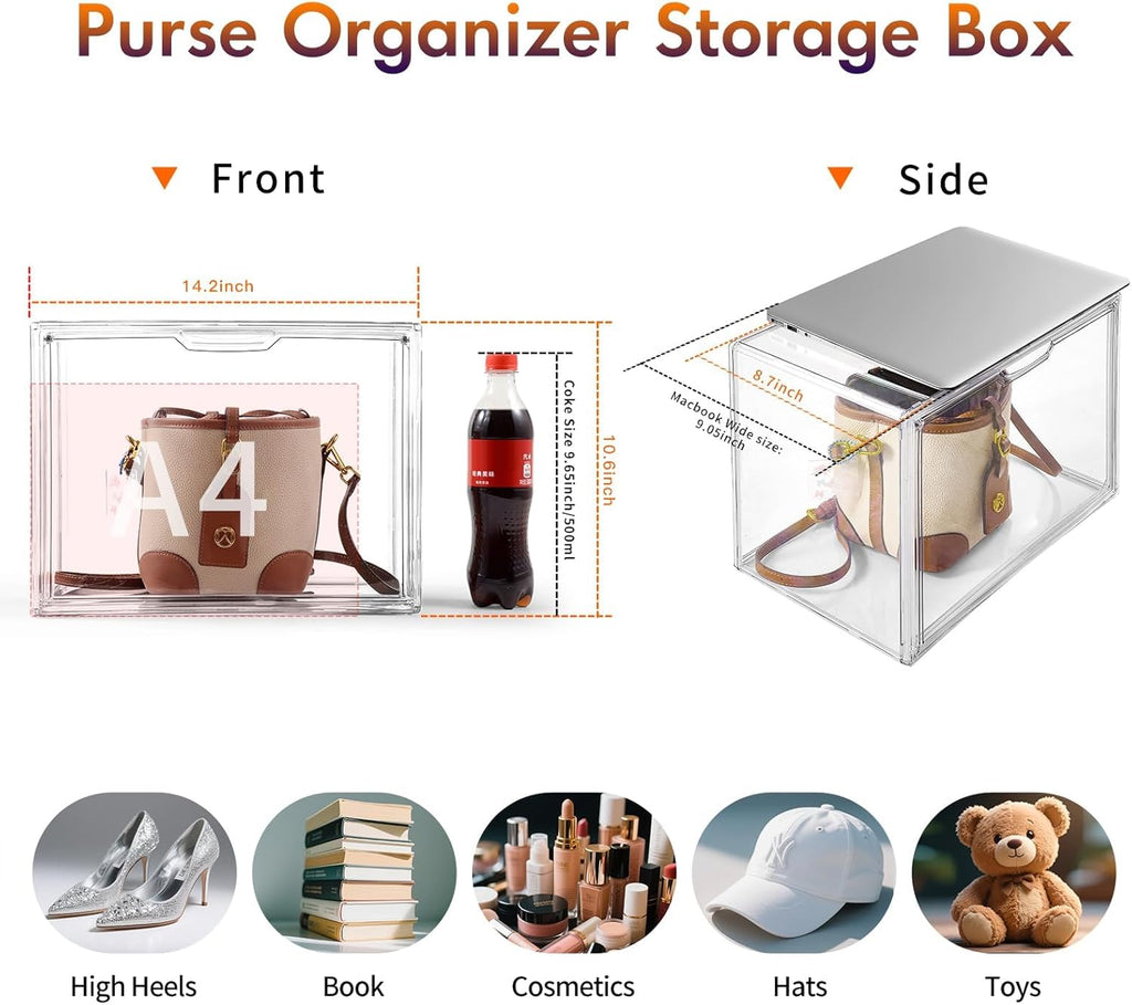 Skiennix Purse Organizer - 5-Pack Stackable Clear Acrylic Storage Bins with Magnetic Door | Ideal for Handbags and Collectibles