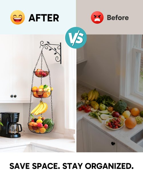 FANGSUN 3-Tier Hanging Fruit Basket for Kitchen Counter with Banana Hook, 36-Inch Heavy-Duty Wire Fruit Baskets with Leaf-Shaped Bracket for Kitchen Organizing Potato & Vegetable