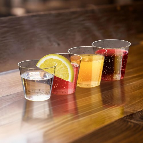 Byvivace 500Counts 1OZ. Disposable Shot Glasses Hard Plastic Shot Cups Gold Glitter Mini Shot Glasses for Tequila, Jello Shots, Liquor, 1Ounce Small Cup for Sauce, Dips, Shot Cups for Party