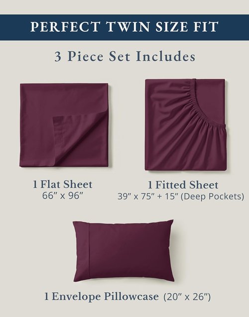 LANE LINEN Organic Cotton Twin Bed Sheet Set - Soft, Breathable & Temperature Regulating | Windsor Wine