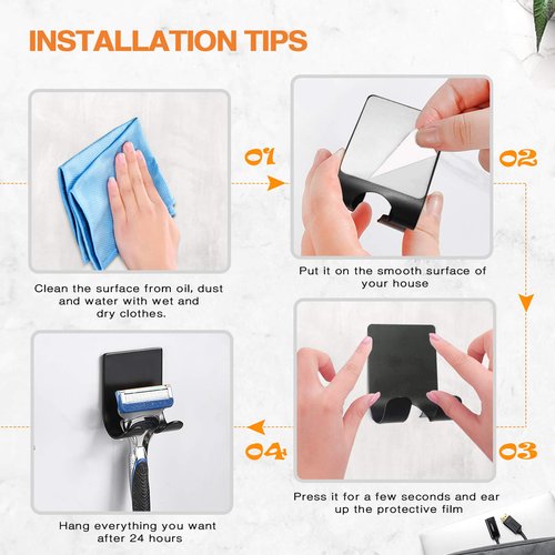 Luckyiren Razor Holder Shaver Hook Hanger Stand for Shower (6 Pack) Self Adhesive Stainless Steel Heavy Duty Utility Storage, Bathroom Kitchen Organizer for Plug Robe Towel Loofah Bathrobe Coat