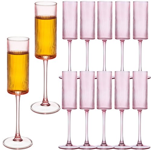 Champagne Flutes Set of 12,Vintage Ribbed Crystal Hand Blown 6 OZ Goblet Champagne Glasses Long Stem,Elegant Sparkling Wine Stemware Drinking Cocktail Unique Gift for Birthday, Wedding, Anniversary