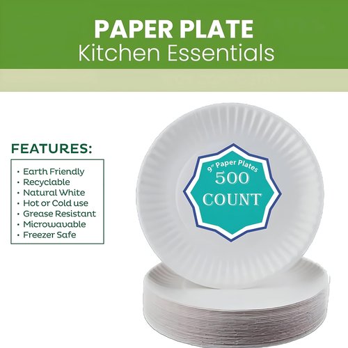 Perfect Stix Economy White Paper Plate, 9" Paper Uncoated Plate 9inches.500 Count Paper Plates., Medium