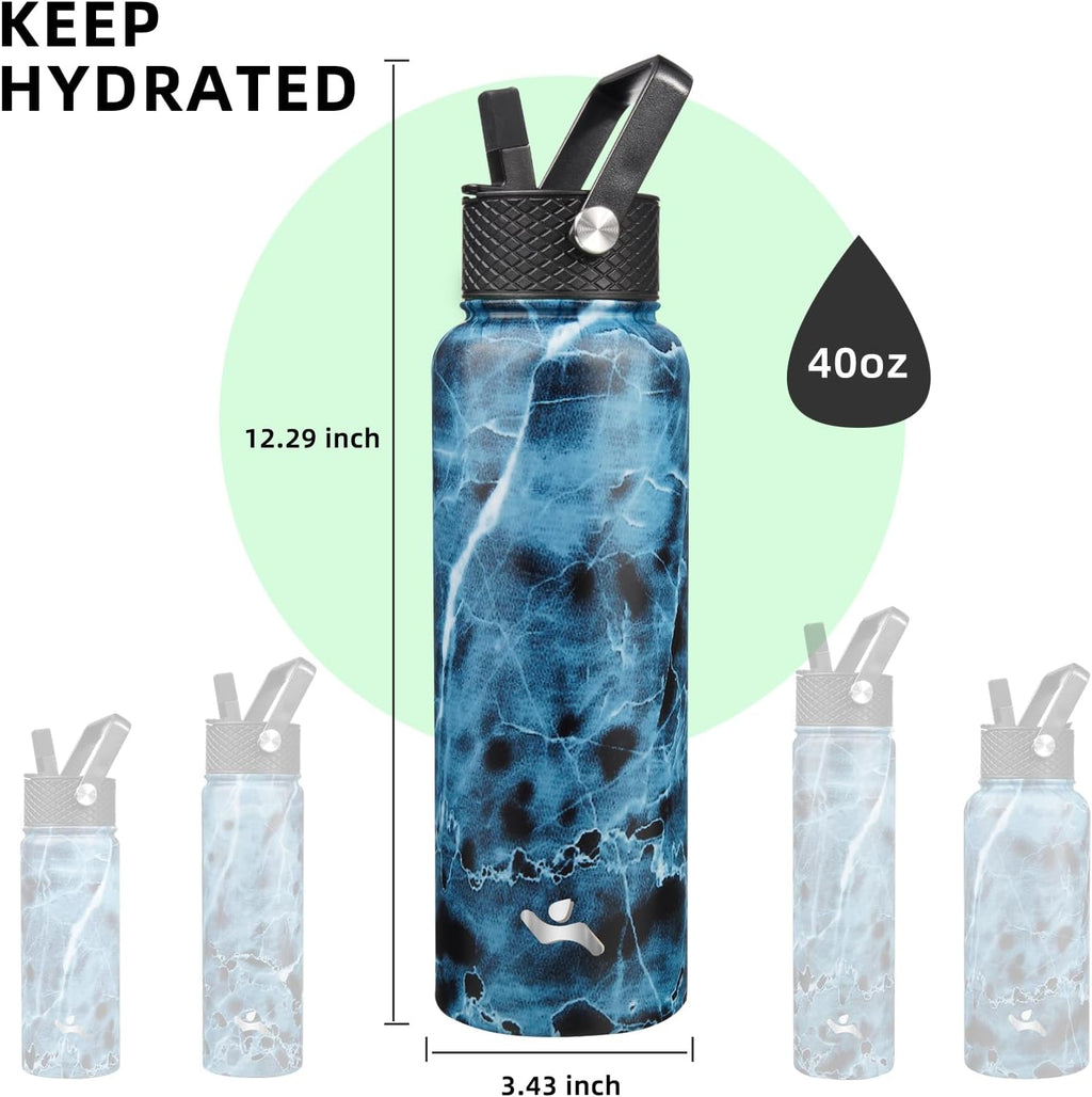 Skiennix 40oz Insulated Water Bottle - Stainless Steel Sport Bottle with 3 Lids | Marble Ocean Design