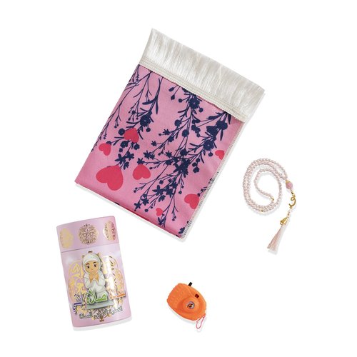 HSR Kids Prayer Mat Muslim with Islam Prayer Beads - Islamic Gifts with Toy Camera, Travel Prayer Mat for Kids Prayer Rug with Box, Portable Prayer Matt Islam, Pink