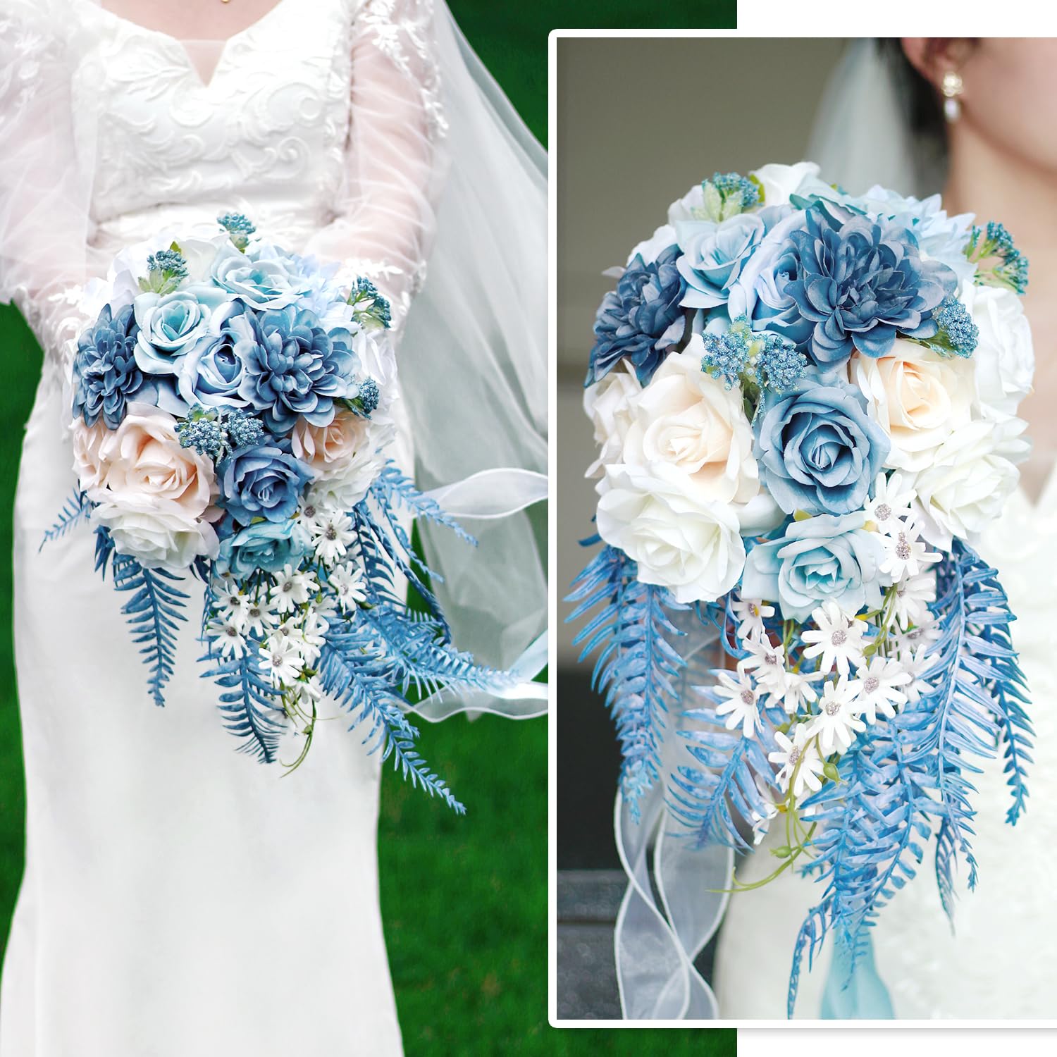 Dusty Blue Rose Bouquets for Bride Wedding White Navy Blue Champagne Cascading Bridal Bouquet Artificial Silk Flower Boho Rustic Ceremony Anniversary Decor Summer Fall Winter Wedding Toss Bouquet