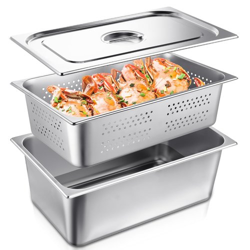 Ferraycle 3 Pack Full Size 6 Inch, 8 Inch Hotel Pan with Lid Perforated Steam Table Pan Restaurant Supplies for Kitchen, Steam Table Tray for Food Warmer