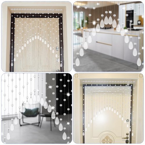 Ptwola 20 Strings Crystal Beaded Curtain, Self-Adhesive Arched Clear Crystal Glass Door Valance Hanging Stran Doorway Room Divider Partition for Home Coffee House Bedroom Restaurant Closets Windows