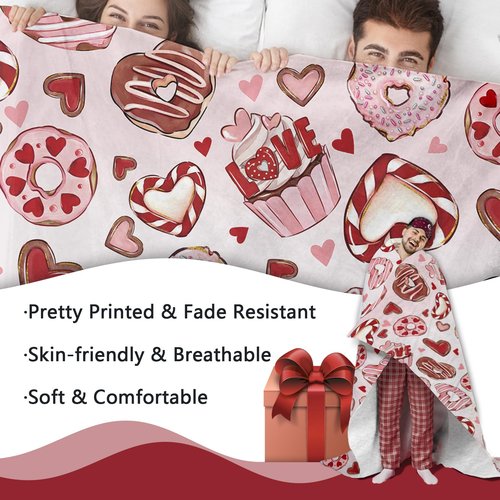 Zzkol Valentines Day Dessert Flannel Throw Blanket, Pink Love Heart Cupcake Donut Anniversary Wedding Birthday Gifts for Women Girlfriend Wife Lover, Romantic Soft Blankets for Bedding Sofa 50" x 60"