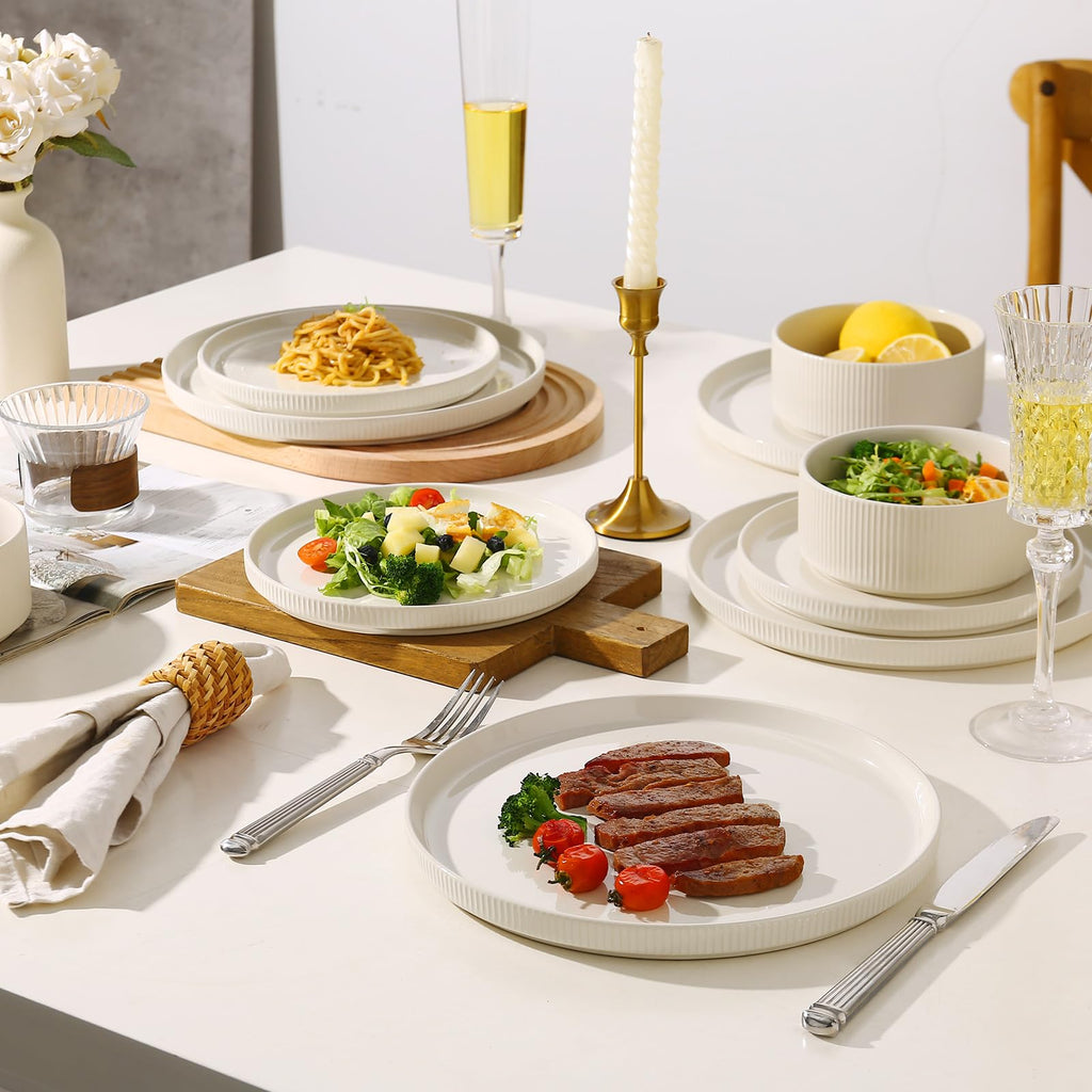 MONITO Ceramic Plates and Bowls Sets for 4, 12PCS Stoneware Dinnerware Sets, Reactive Glaze Dish Set, Chip and Scratch Resistant Double, Microwave and Dishwasher Safe,White