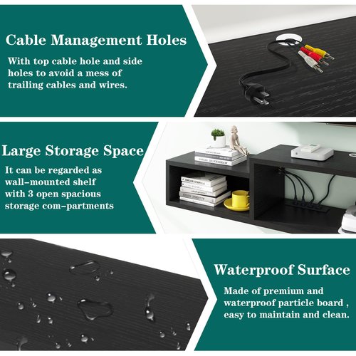 IBUYKE 71" Floating TV Stand Wall Mounted with Power Outlet,Wood Wall Mounted Media Console Shelf,Floating Entertainment Center for Under TV Storage for Living Room Bedroom Office,Black WST008B