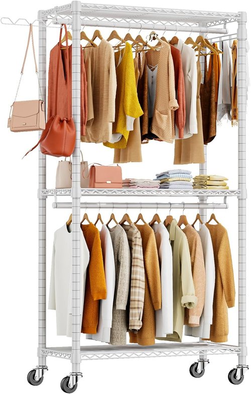 HYSEYY Heavy Duty Portable Closet - Adjustable Garment Rack with 4 Rods & Shelves | 73.6" L x 17.3" W x 76.4" H (White)