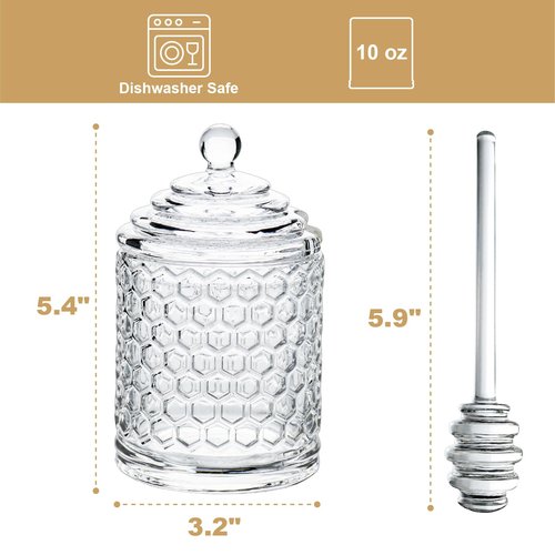 Iyulania Glass Honey Jar with Lid and Dipper, Honeycomb-Inspired Design Container, Heavy Honey Pot for Home Kitchen (10 oz)