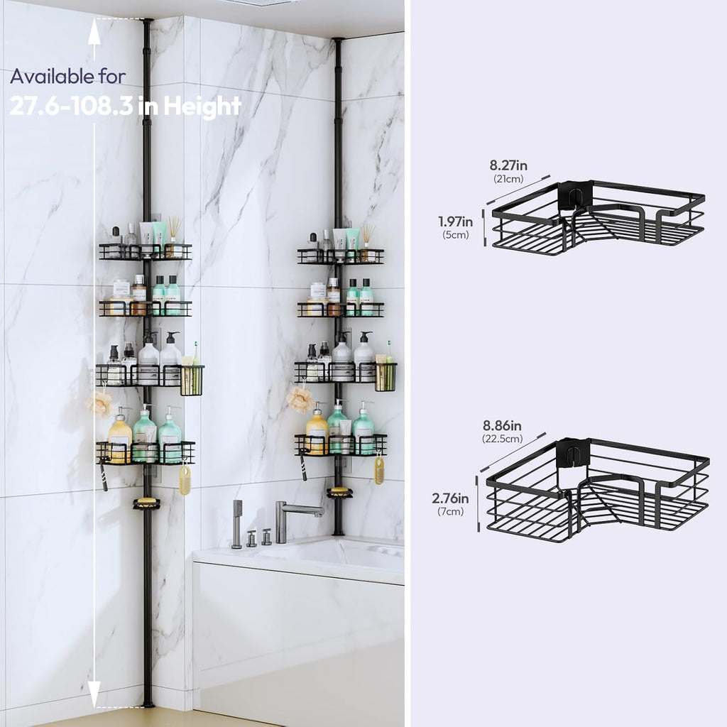 SWTYMIKI Shower Caddy Tension Pole - 4-Tier Adjustable Bathroom Organizer with Soap Holder & Hooks | Black 27.6-108.3 Inch