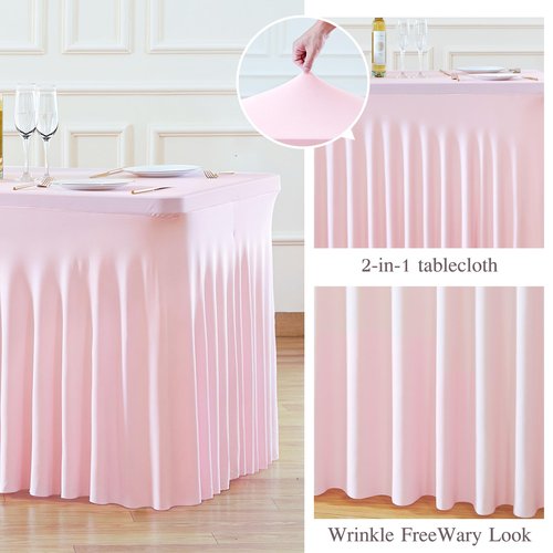 Baby Pink Table Cloth for 8 Foot Rectangle Tables Fitted Stretch Spandex Table Cover with Skirt 8ft Baby Shower Birthday Party Banquet Ruffle Tablecloth Wedding Table Cloths Desk Skirt, 2 Pack