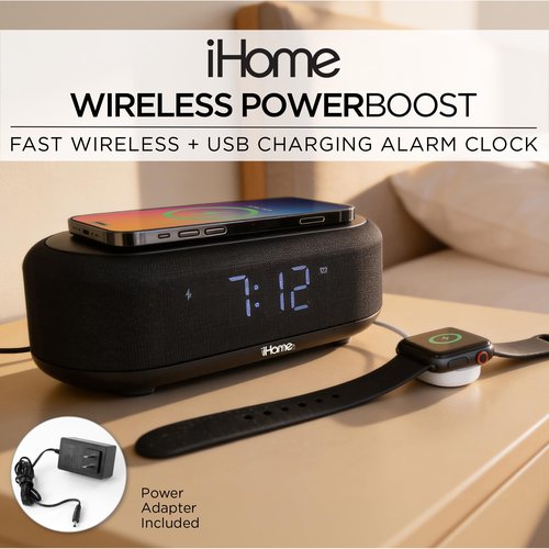 iHome Bluetooth Alarm Clock with Wireless Charger and USB Charging Station, Digital Alarm Clock for Bedrooms, Office, or Dorm (iBTW112)