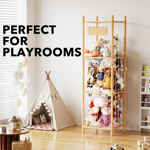 SpaceAid Stuffed Animal Storage Organizer, Wood Animals Zoo Toy Plushies Storage Holder, Large Capacity Plush Toy Cage for Playroom Organization, 15.8" Wide, Natural
