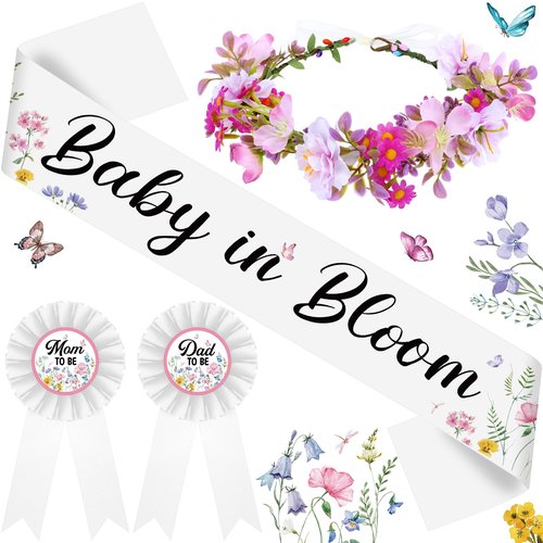 Ceenna Wildflower Baby Shower Decorations Baby in Bloom Floral Mom to Be Sash and Dad to Be Pin Flower Crown for Gender Reveals Shower Party Favors Pregnancy Mommy Dress Gift