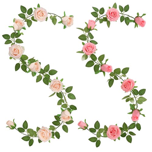 GREENTIME 2Pack Artificial Rose Flower Garland 6.5 FT Fake Rose Vine for Wedding Arch Table Centerpiece Arrangement Wall Party Decoration Stairs Fireplace Decor Mirror Decor