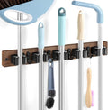Brown Broom Holder Wall Mount - Heavy-Duty Wood Mop & Broom Organizer with 5 Slots & 4 Hooks | Rustic Tool Hanger for Laundry, Kitchen & Garage Storage