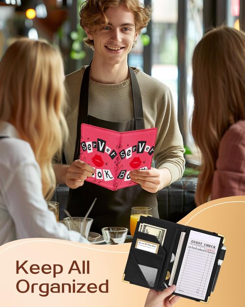 Slohif Server Book for Waitress Cute Serving Books with Zipper Pocket Accessories Leather Server Check Book Restaurant Waiter Server Booklet Organizer Ticket Book Holder Lip