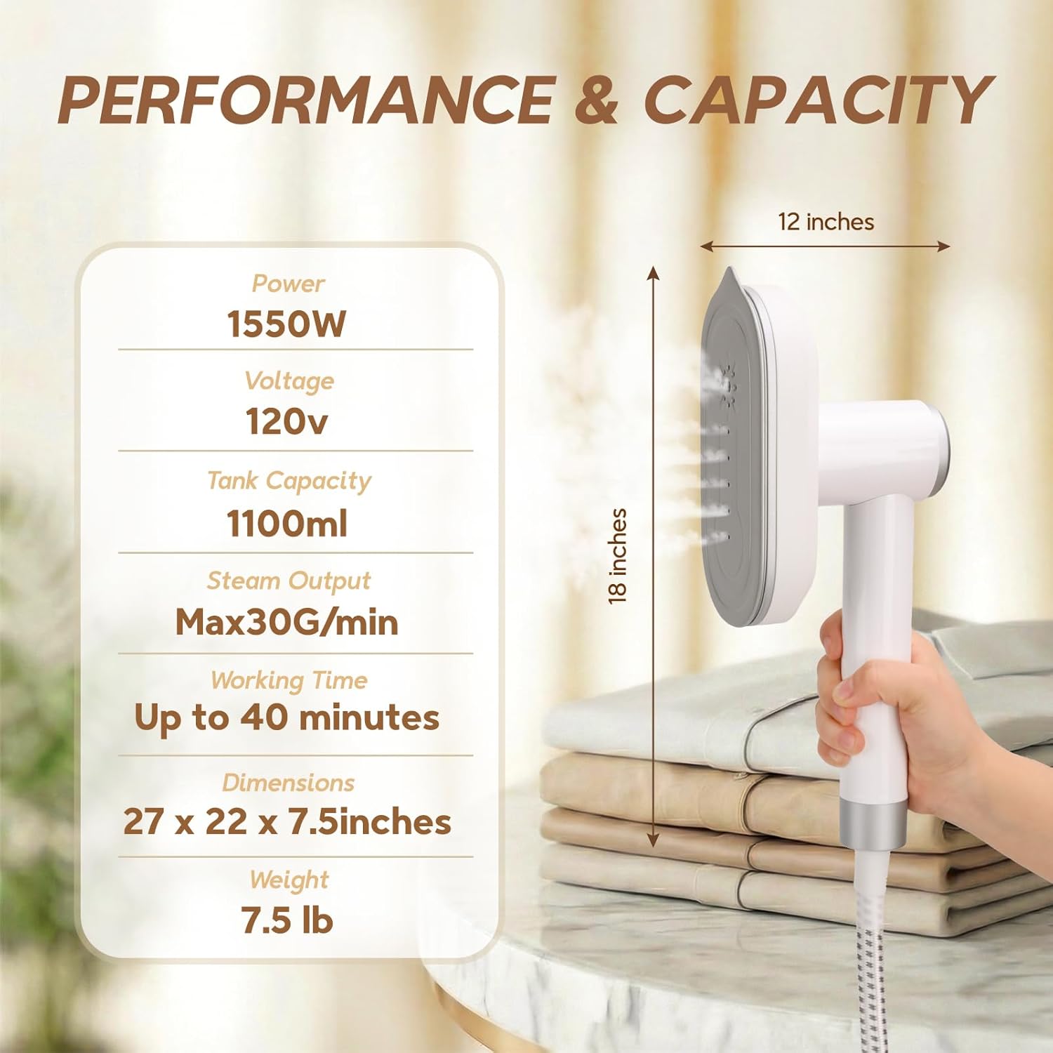 2 In 1 Steamer - Skiennix 1550W Powerful Clothes Steamer with 1100ml Tank | Fast Heat-Up, Portable Wrinkle Remover (White)