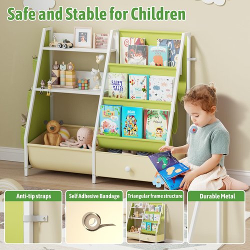 Kids Bookshelf and Toy Organizer, 3 Tier Sling Book Shelf with Movable Bins, Toddler Montessori Bookcase for Kids Rooms, Playroom Storage Book Shelves for Nursery,Classroom, Kindergarten, Green