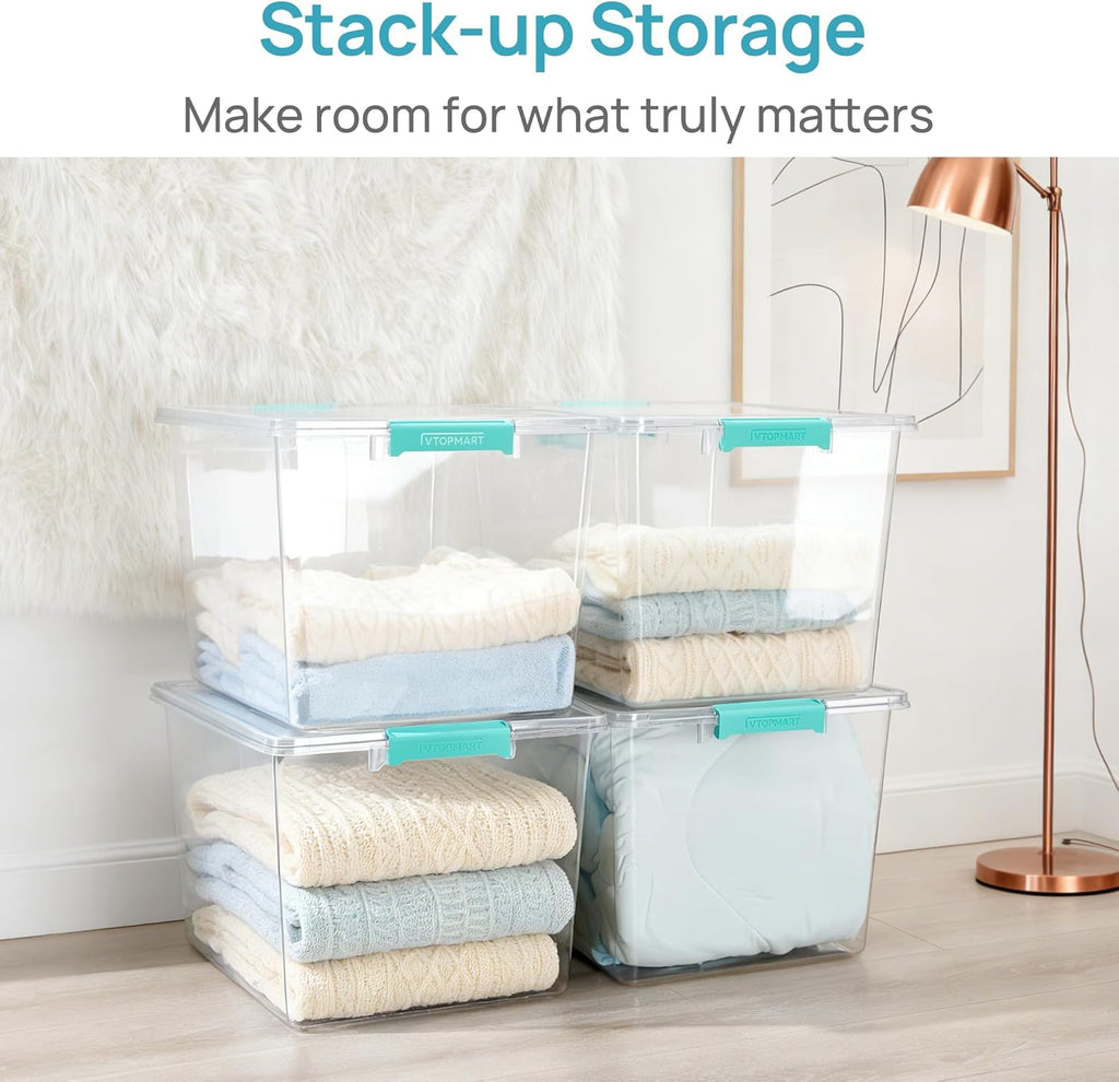 Vtopmart 72 QT Crystal Clear Storage Bins - 4 Pack Stackable Plastic Containers with Lids for Closet Organization
