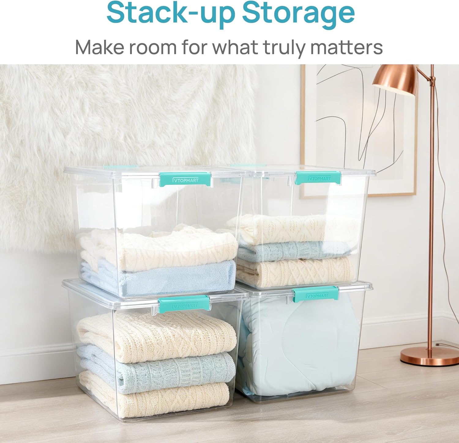 Vtopmart 72 QT Crystal Clear Storage Bins - 4 Pack Stackable Plastic Containers with Lids for Closet Organization