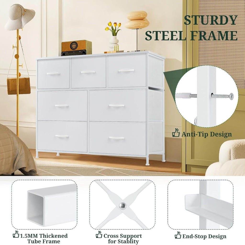 Regine Switzerland 7-Drawer Dresser - Anti-Tip Storage Organizer with Wooden Top | White Finish for Bedroom & Living Room