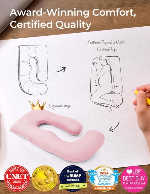 Momcozy U-Shaped Pregnancy Pillow - Full Body Maternity Support for Side Sleeping | 57 Inch, Pink