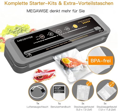 MegaWise Food Vacuum Sealer Machine - High-Power 80kPa Suction, One-Touch Operation | Includes Bags & Hose (Black)
