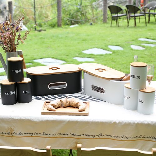 SOTECH Extra Large Bread Box Metal Bread Bin with Bamboo Lid&Window Modern Food Storage Container for Kitchen Counter Kitchen Decor Organizer Farmhouse Black (Black box with 3jars)