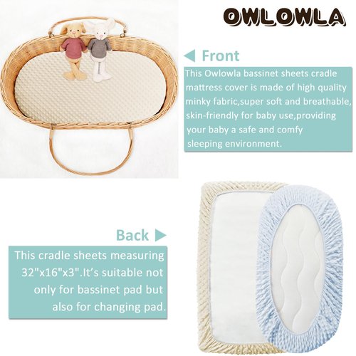 Owlowla Bassinet Sheet Set,Ultra Soft Minky Cradle Sheets Universal Fitted Bassinet Pad/Mattress for Baby Boys Girls(Cream/Baby Blue)