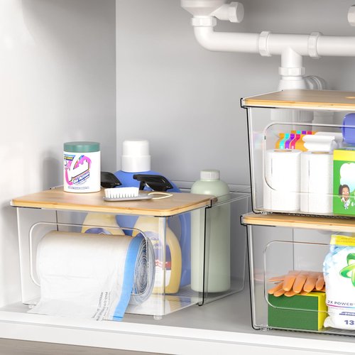 iCASA Trash Bag Dispenser Under Sink Organizer, 2-in-1 Acrylic Trash Bags Holder with Bamboo Lid, Holds Large Rolls up to 100 Count, Garbage Bag Storage Container for Kitchen, Pantry, Laundry Room