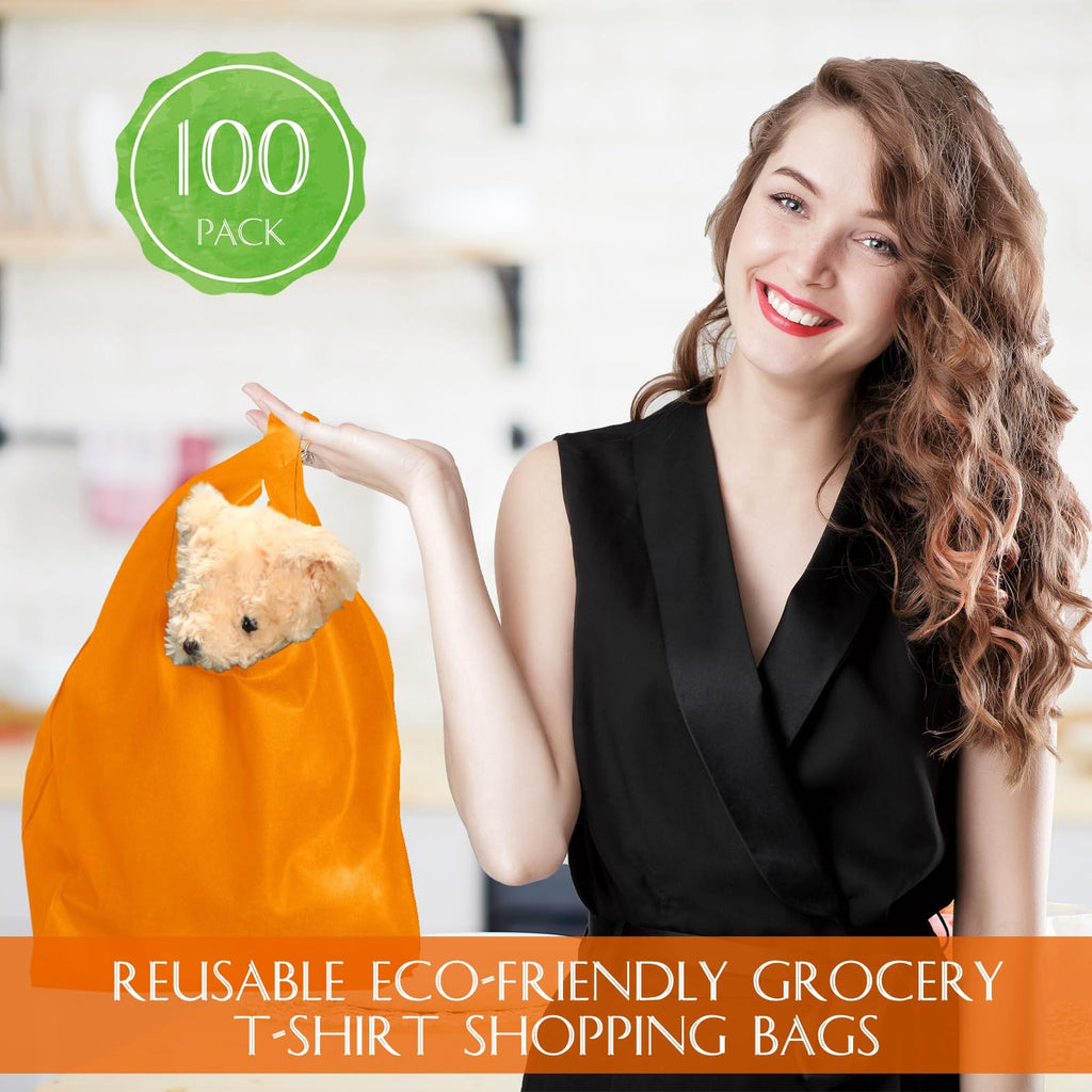 Windyun Large Grocery T-shirt Bags Bulk Reusable Non Woven Shopping Bag Foldable Gift Tote with Handle, 21x11x6 Inch(200 Pcs,Orange)