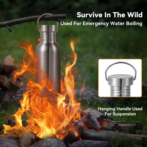 Volhoply 20oz Uninsulated Single Walled Water Bottle, Stainless Steel Reusable Water Bottles with Handle, BPA Free & Plastic Free 18/8 304 Metal Water Bottles for Camping, Hikers, Cyclists