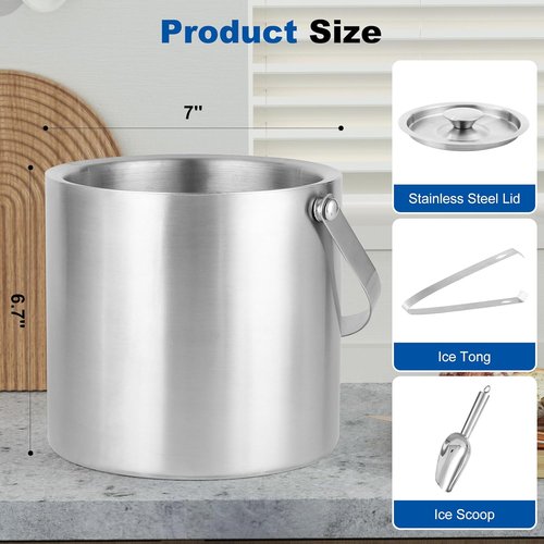 3L Stainless Steel Ice Bucket – Double-Wall Insulated Cooler Keeps Ice Frozen Longer for Wine, Champagne & Beer,Includes Lid, Handle, Tong & Scoop